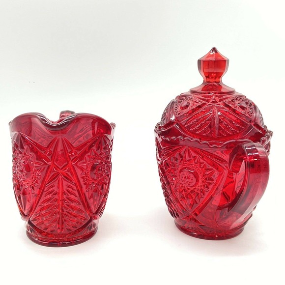 Vintage Red EAPG Glass Creamer and Sugar Bowl with Lid Deep Cut Design estate - Picture 6 of 9